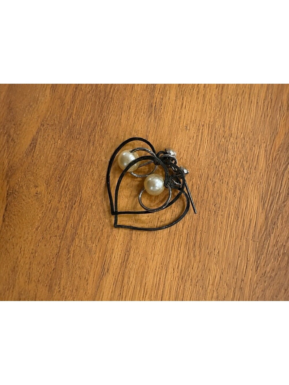 Silver-Tone Black Open Heart Faux Pearl Dangle Earrings Statement